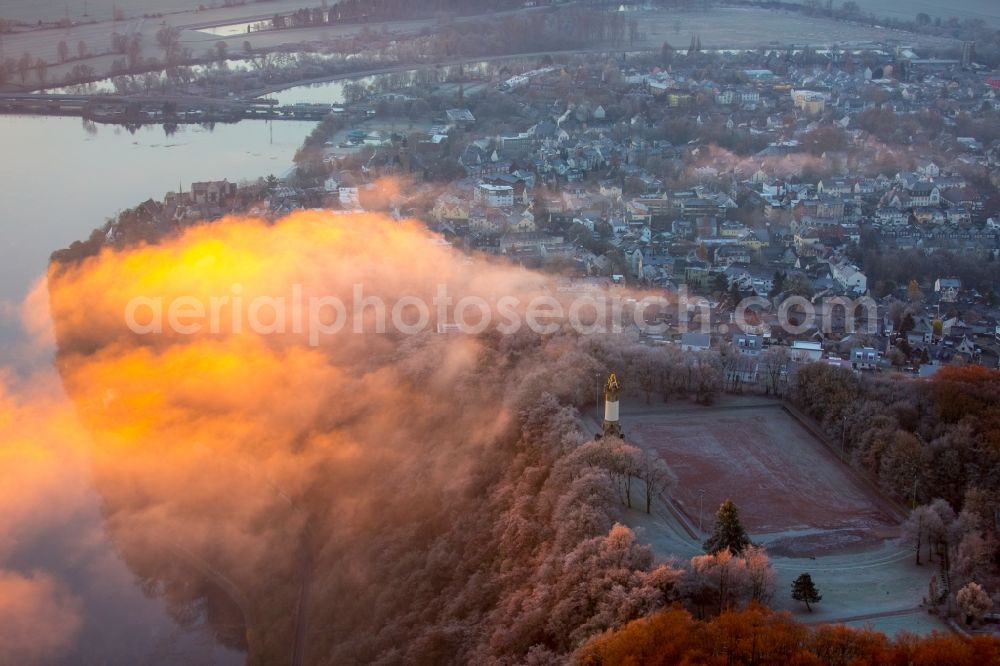 Wetter (Ruhr) from above - Weather situation with cloud formation and light reflections at sunrise over the lake landscape of Harkortsee in the district Westende in Wetter (Ruhr) in the state North Rhine-Westphalia