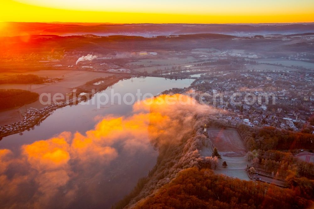 Wetter (Ruhr) from the bird's eye view: Weather situation with cloud formation and light reflections at sunrise over the lake landscape of Harkortsee in the district Westende in Wetter (Ruhr) in the state North Rhine-Westphalia