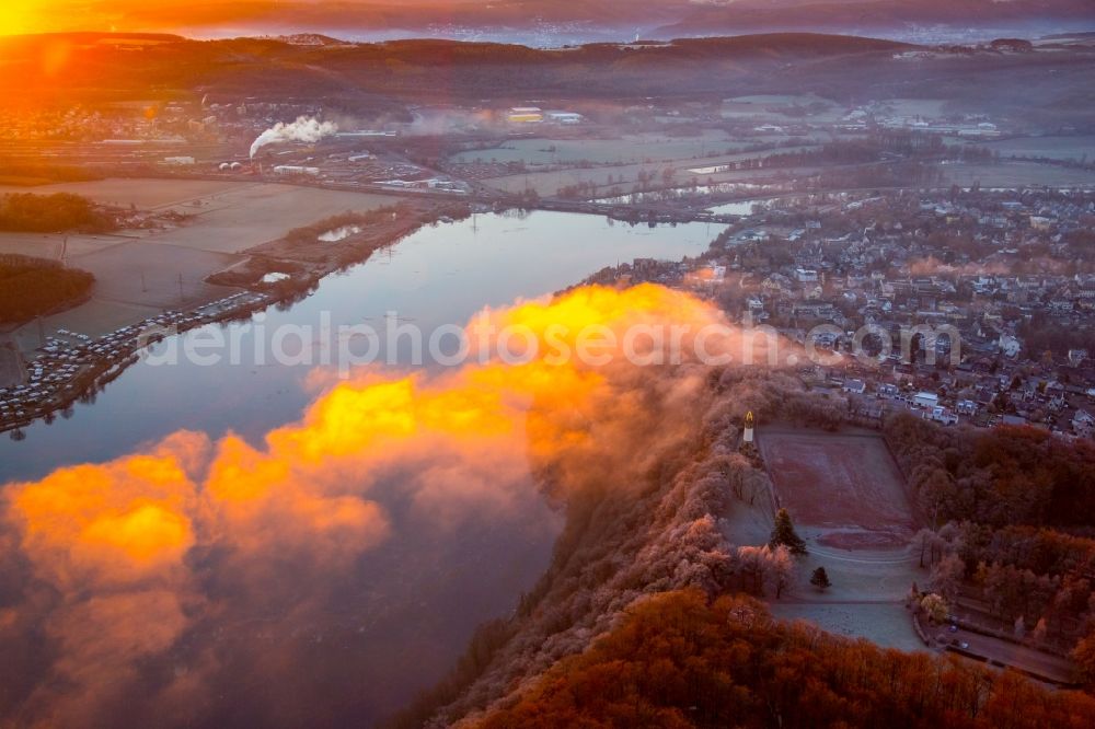 Aerial image Wetter (Ruhr) - Weather situation with cloud formation and light reflections at sunrise over the lake landscape of Harkortsee in the district Westende in Wetter (Ruhr) in the state North Rhine-Westphalia