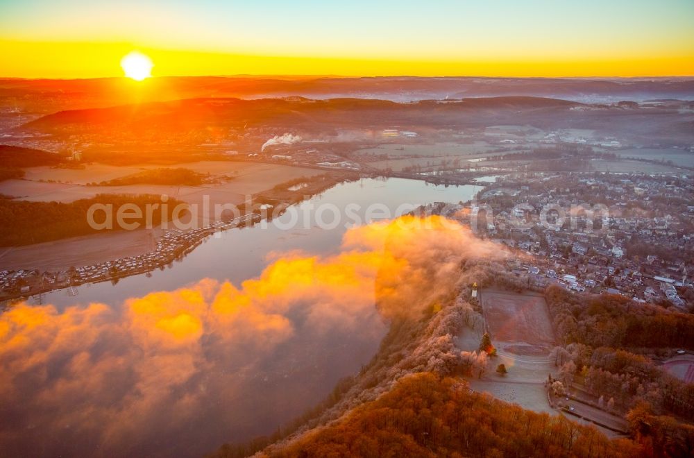 Aerial photograph Wetter (Ruhr) - Weather situation with cloud formation and light reflections at sunrise over the lake landscape of Harkortsee in the district Westende in Wetter (Ruhr) in the state North Rhine-Westphalia