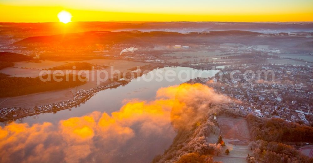 Wetter (Ruhr) from above - Weather situation with cloud formation and light reflections at sunrise over the lake landscape of Harkortsee in the district Westende in Wetter (Ruhr) in the state North Rhine-Westphalia