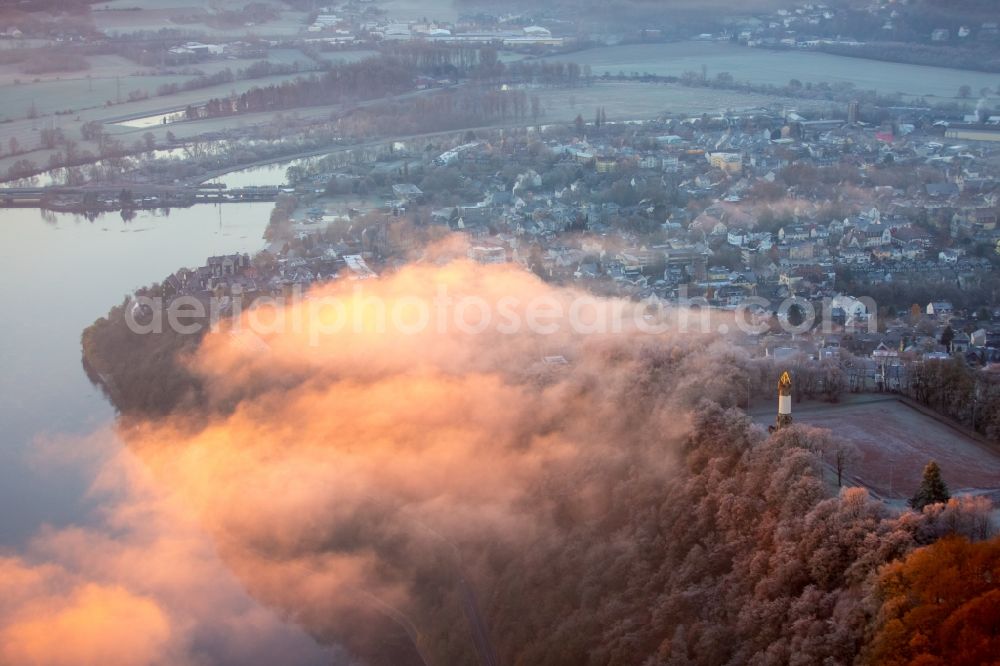 Aerial image Wetter (Ruhr) - Weather situation with cloud formation and light reflections at sunrise over the lake landscape of Harkortsee in the district Westende in Wetter (Ruhr) in the state North Rhine-Westphalia