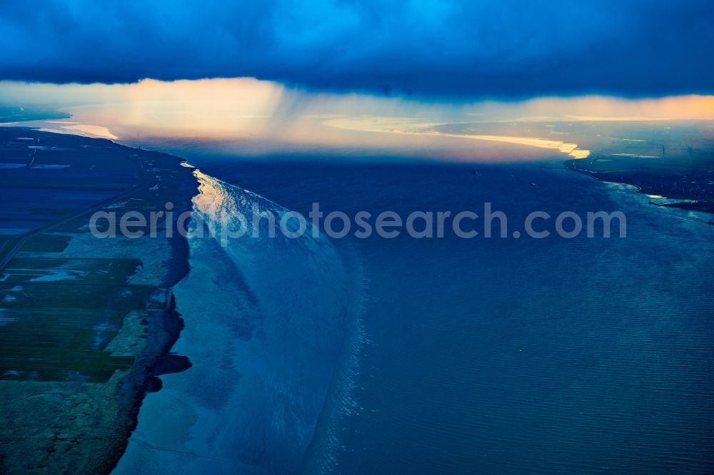 Belum from the bird's eye view: Weather situation with cloud formation and precipitation over the Elbe and the East Estuary in Belum in the state Lower Saxony, Germany