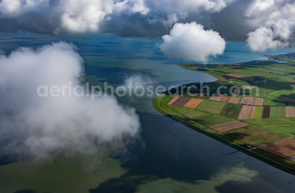 Oevenum from above - Weather conditions with cloud formation over the sea coast in Oevenum Insel Foehr Nordfriesland in the state Schleswig-Holstein, Germany