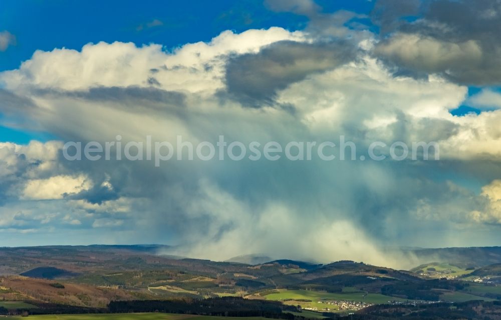 Aerial image Erndtebrück - Weather conditions with cloud formation with rain front in the district Schameder in Erndtebrueck in the state North Rhine-Westphalia, Germany