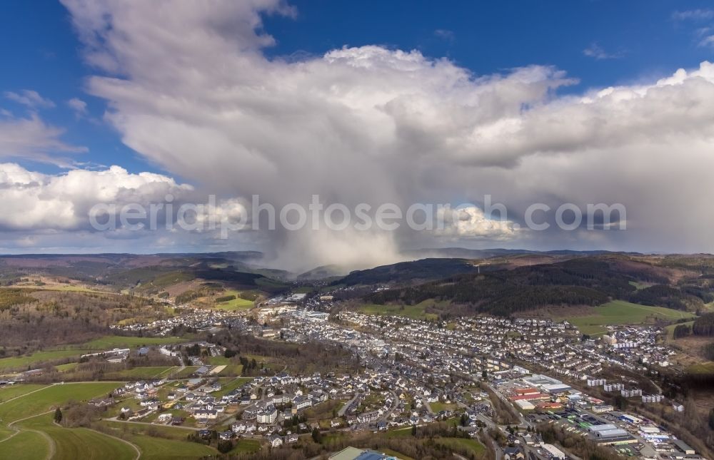 Bad Berleburg from above - Weather conditions with cloud formation in the district Am Stoeppelsweg in Bad Berleburg in the state North Rhine-Westphalia, Germany