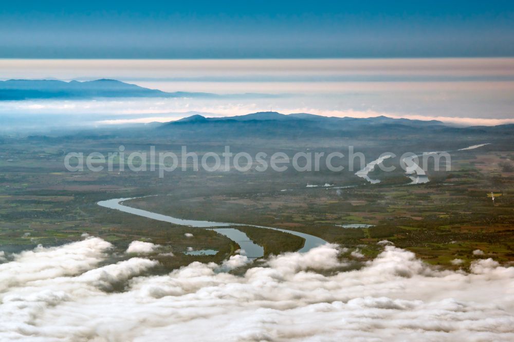 Rheinau from the bird's eye view: Weather conditions with cloud formation and a view of the Black Forest in Rheinau in the state Baden-Wuerttemberg, Germany