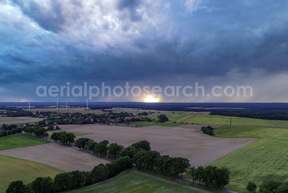 Sieversdorf from above - Weather conditions with cloud formation over fields in Sieversdorf in the state Brandenburg, Germany