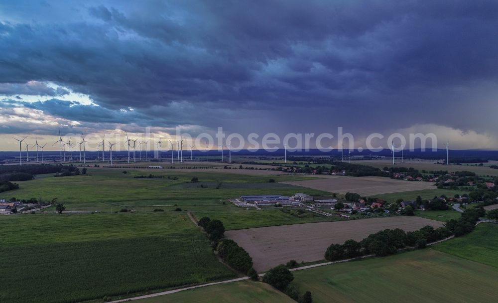 Sieversdorf from the bird's eye view: Weather conditions with cloud formation over fields in Sieversdorf in the state Brandenburg, Germany