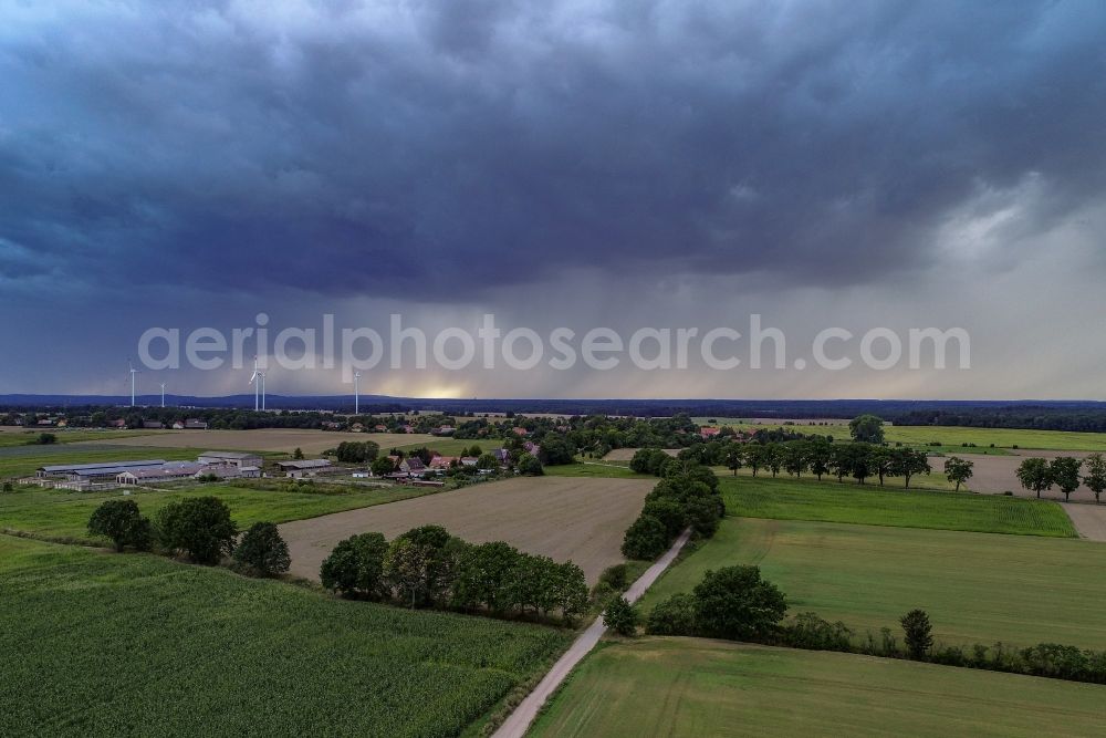 Aerial image Sieversdorf - Weather conditions with cloud formation over fields in Sieversdorf in the state Brandenburg, Germany