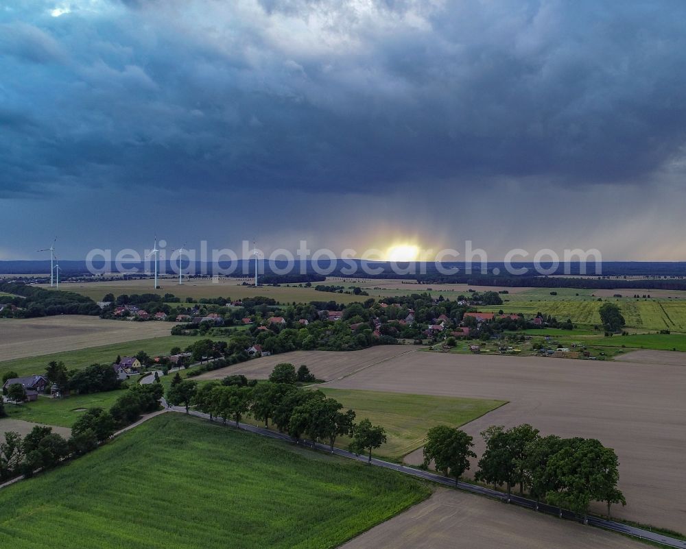 Sieversdorf from above - Weather conditions with cloud formation over fields in Sieversdorf in the state Brandenburg, Germany