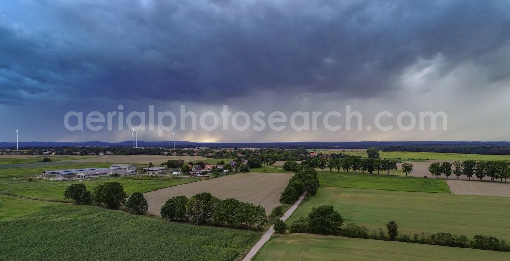 Aerial image Sieversdorf - Weather conditions with cloud formation over fields in Sieversdorf in the state Brandenburg, Germany