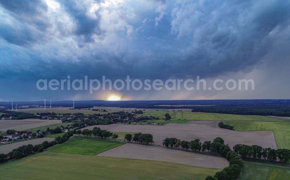 Aerial photograph Sieversdorf - Weather conditions with cloud formation over fields in Sieversdorf in the state Brandenburg, Germany