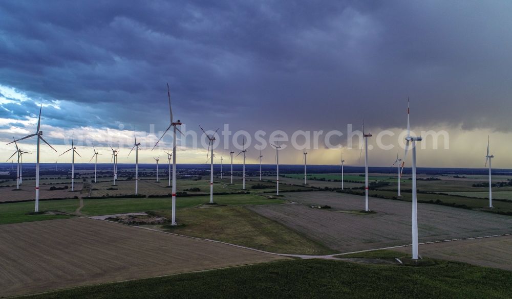 Sieversdorf from above - Weather conditions with cloud formation over fields in Sieversdorf in the state Brandenburg, Germany