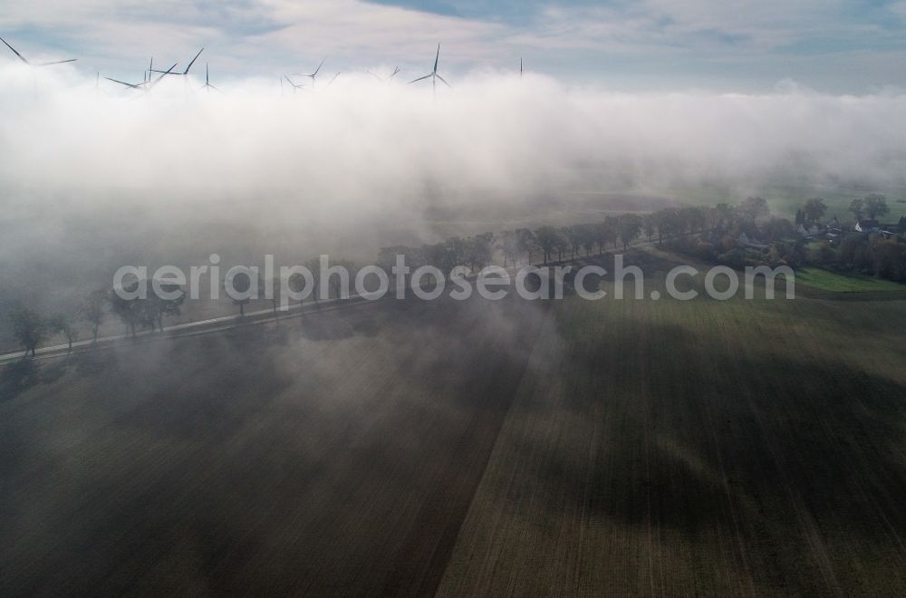 Aerial image Sieversdorf - Weather conditions with cloud formation over fields in Sieversdorf in the state Brandenburg, Germany