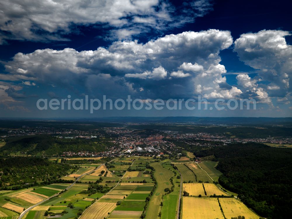 Tübingen from above - Weather conditions with cloud formation in Tübingen in the state Baden-Wuerttemberg, Germany