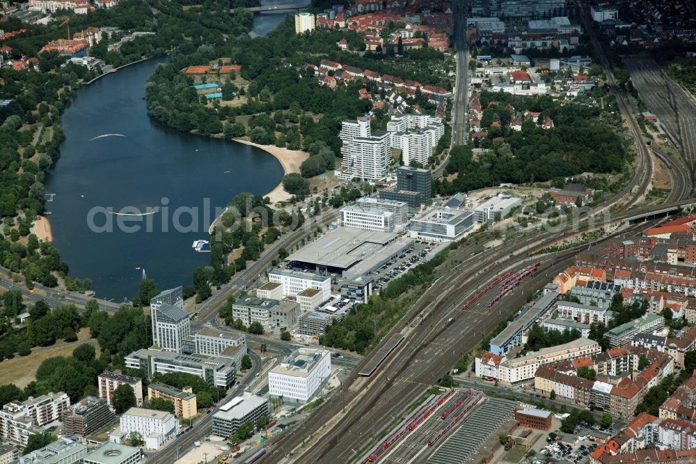 Nürnberg from above - Woehrder See, commercial area and S-Bahnhof (city rapid railway) Nuernberg Duerrenhof in Nuremberg in Bavaria