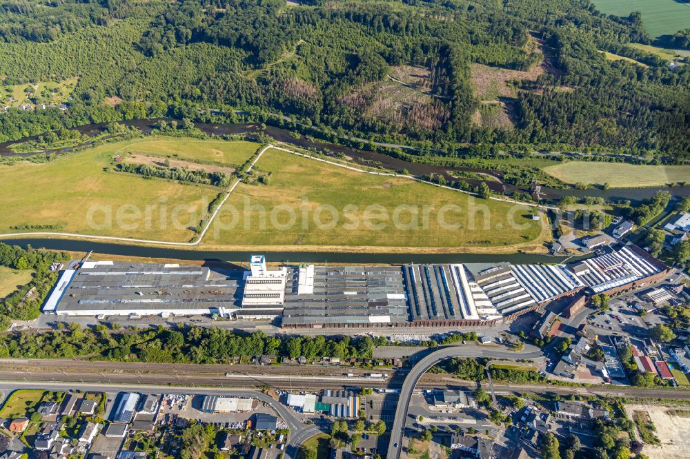 Aerial image Wickede (Ruhr) - Aerial view of Wickeder Westfalenstahl industrial buildings on the river Ruhr at Obergraben in Wickede (Ruhr) in the German state of North Rhine-Westphalia, Germany