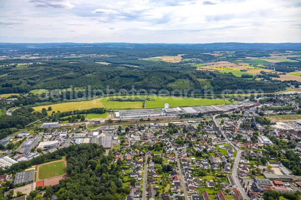 Wickede (Ruhr) from above - Aerial view of Wickeder Westfalenstahl industrial buildings on the river Ruhr at Obergraben in Wickede (Ruhr) in the German state of North Rhine-Westphalia, Germany