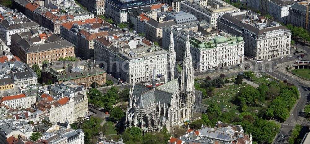 Wien from the bird's eye view: Votive Church located on Ringstrasse in the Alsergrund district of Vienna in Austria