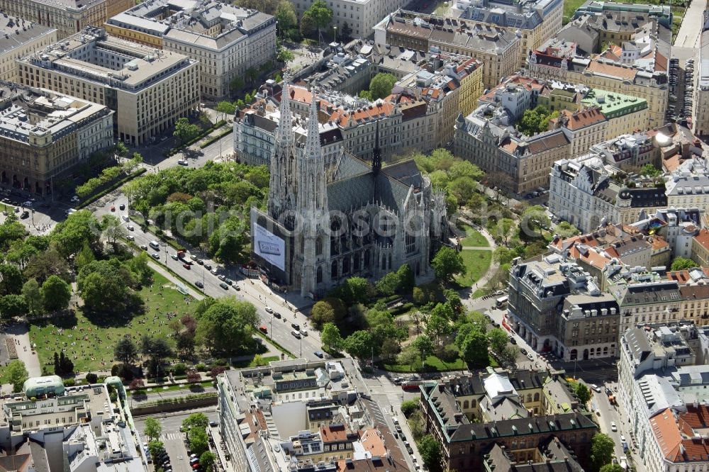 Wien from the bird's eye view: Votive Church located on Ringstrasse in the Alsergrund district of Vienna in Austria