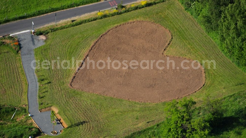 Rauschendorf from above - Meadow in heart shape in Koenigswinter-Rauschendorf in the state North Rhine-Westphalia, Germany