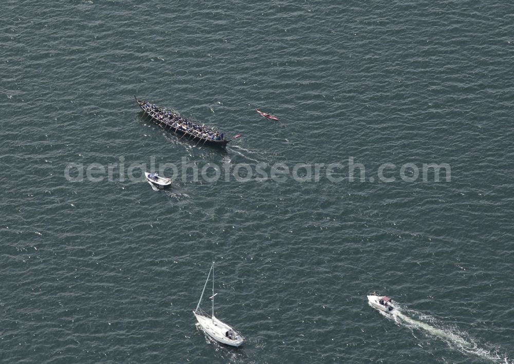 Aerial image Krusau - Viking longship on the Flensburg Fjord in Krusau in Denmark