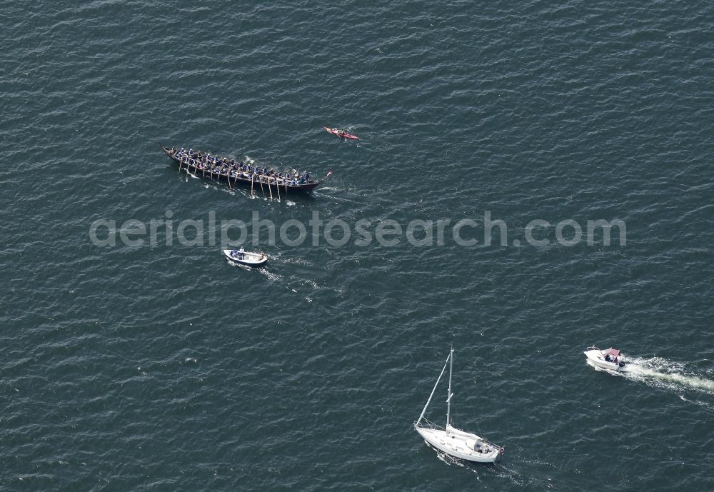 Krusau from the bird's eye view: Viking longship on the Flensburg Fjord in Krusau in Denmark