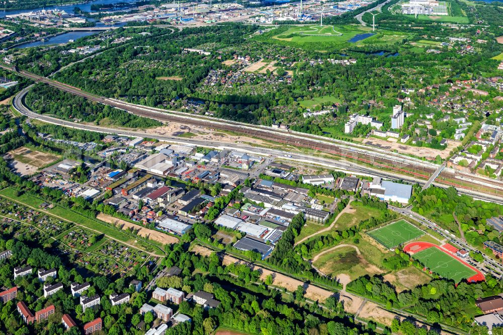 Aerial image Hamburg - Wilhelmsburg industry and residential area Reiherstieg in Hamburg, Germany