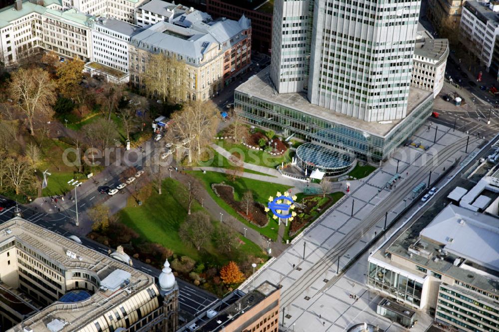 Frankfurt am Main from above - Blick auf den Willy-Brandt-Platz und den Eingang der Europäischen Zentralbank in der westlichen Innenstadt von Frankfurt am Main. View to the Willy-Brandt-Place in the west inner city of Frankfurt at the Main.