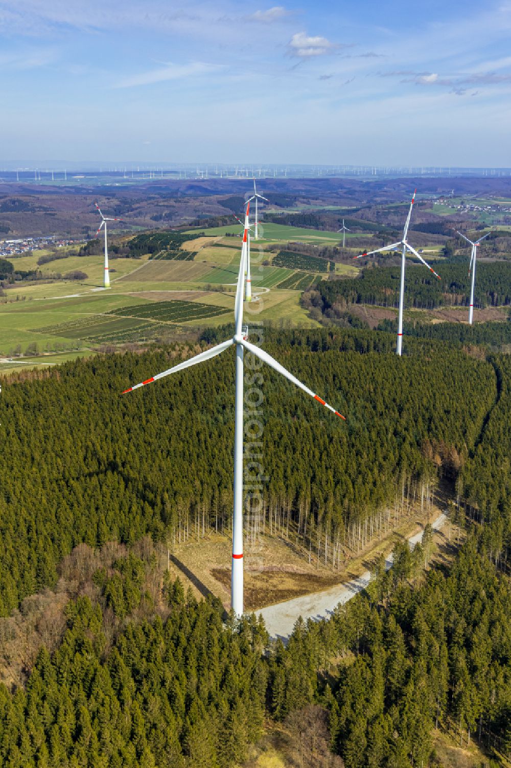 Aerial photograph Brilon - Wind energy plants (WEA) with wind power plants in a forest area in Brilon at Sauerland in the state North Rhine-Westphalia, Germany