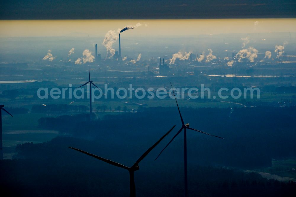 Lippramsdorf from above - Wind energy plants (WEA) with wind power plants in a forest area in Lippramsdorf in the state North Rhine-Westphalia, Germany
