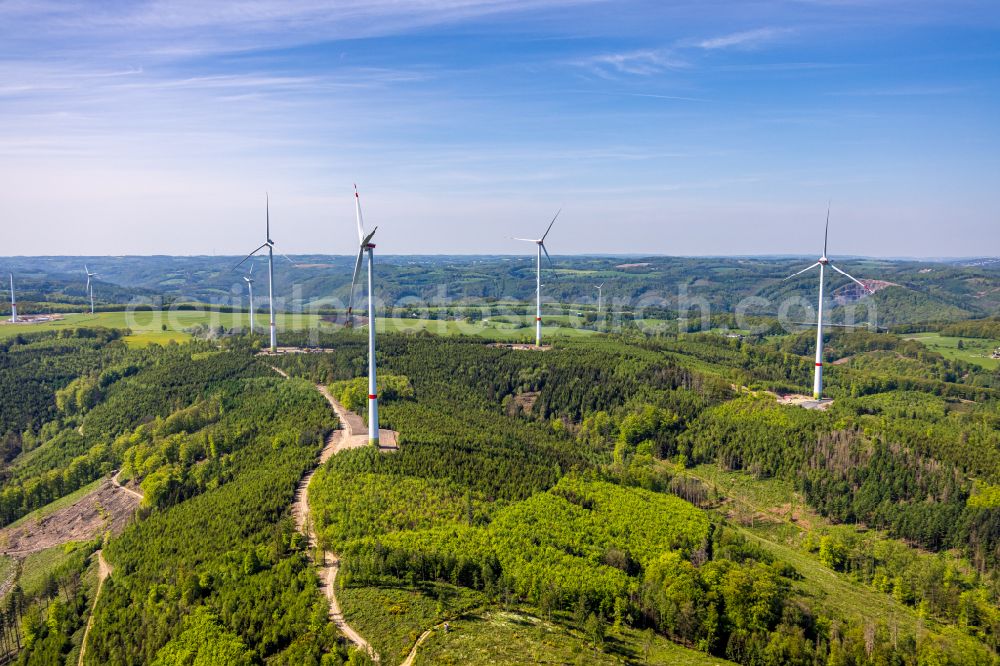 Aerial image Nachrodt-Wiblingwerde - Wind energy plants (WEA) with wind power plants in a forest area in Nachrodt-Wiblingwerde in the state North Rhine-Westphalia, Germany