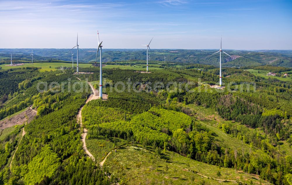 Aerial image Nachrodt-Wiblingwerde - Wind energy plants (WEA) with wind power plants in a forest area in Nachrodt-Wiblingwerde in the state North Rhine-Westphalia, Germany