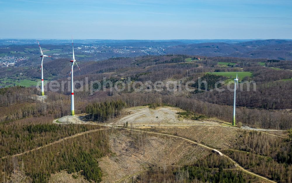 Aerial photograph Nahmer - Wind energy plants (WEA) with wind power plants in a forest area in Nahmer in the state North Rhine-Westphalia, Germany