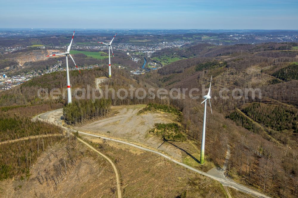 Nahmer from above - Wind energy plants (WEA) with wind power plants in a forest area in Nahmer in the state North Rhine-Westphalia, Germany