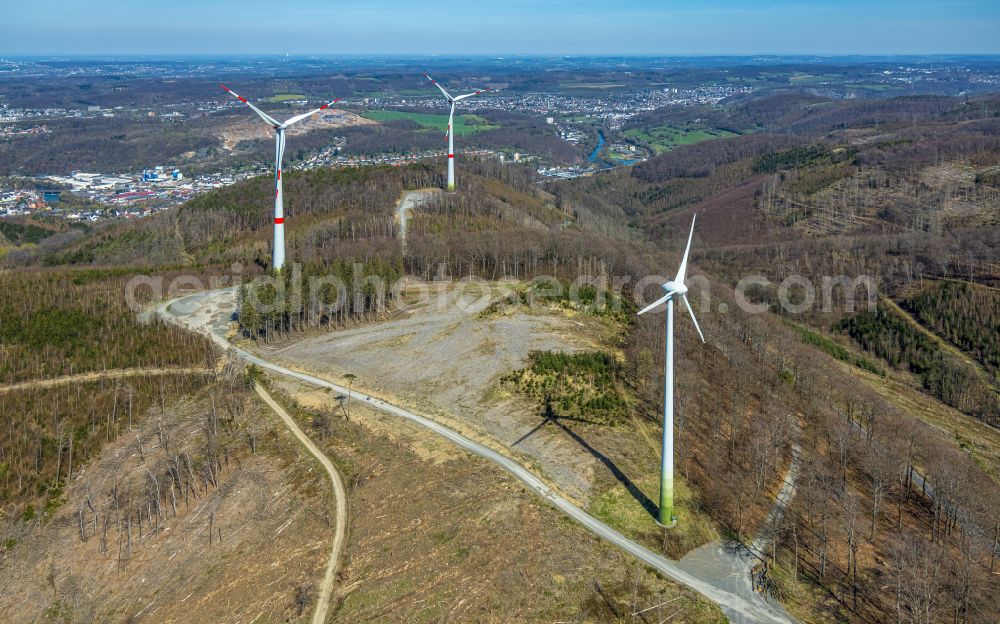 Nahmer from the bird's eye view: Wind energy plants (WEA) with wind power plants in a forest area in Nahmer in the state North Rhine-Westphalia, Germany