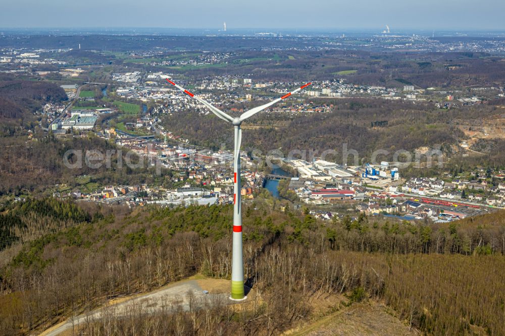 Aerial image Nahmer - Wind energy plants (WEA) with wind power plants in a forest area in Nahmer in the state North Rhine-Westphalia, Germany