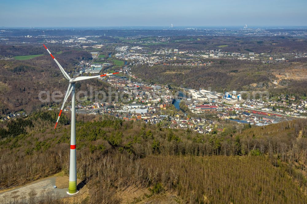 Nahmer from above - Wind energy plants (WEA) with wind power plants in a forest area in Nahmer in the state North Rhine-Westphalia, Germany