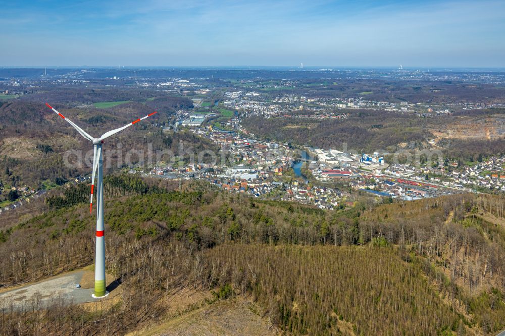 Nahmer from the bird's eye view: Wind energy plants (WEA) with wind power plants in a forest area in Nahmer in the state North Rhine-Westphalia, Germany