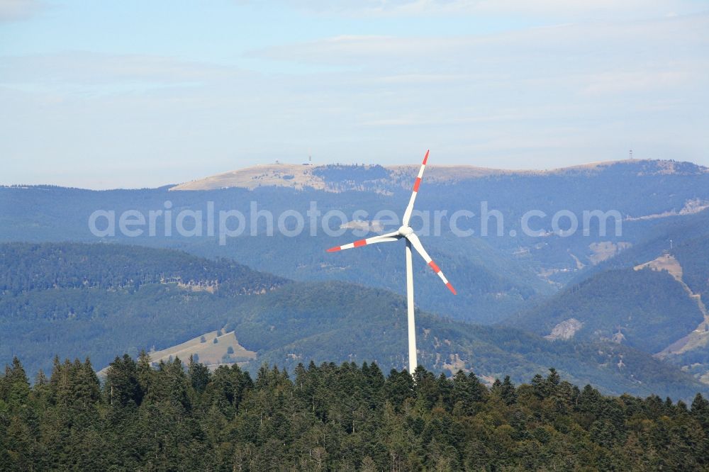 Fröhnd from above - Wind turbine generators (WTG ) - wind turbine in the Black Forest in Froehnd in the state of Baden-Wuerttemberg. View to Feldberg, the highest mountain in the Black Forest