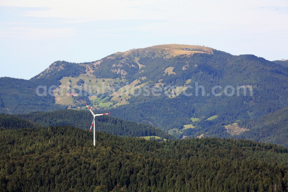 Aerial image Fröhnd - Wind turbine generators (WTG ) - wind turbine in the Black Forest in Froehnd in the state of Baden-Wuerttemberg. View to the mountain Belchen in the Black Forest