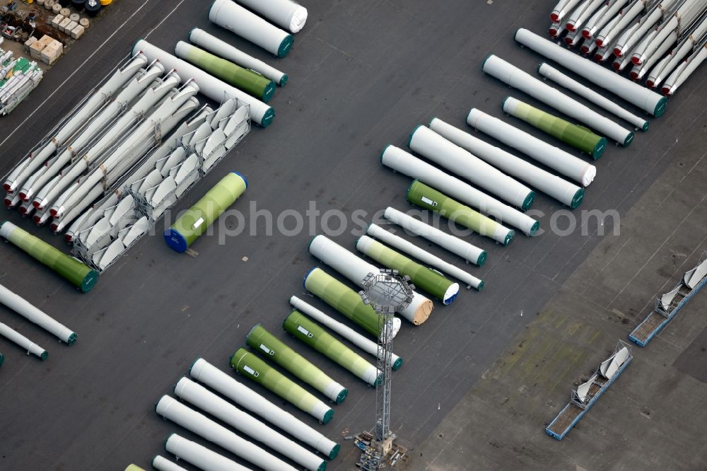 Emden from the bird's eye view: Factory site for the production of assemblies and modules for wind turbines and wind turbine segments in Emden in the state Lower Saxony, Germany