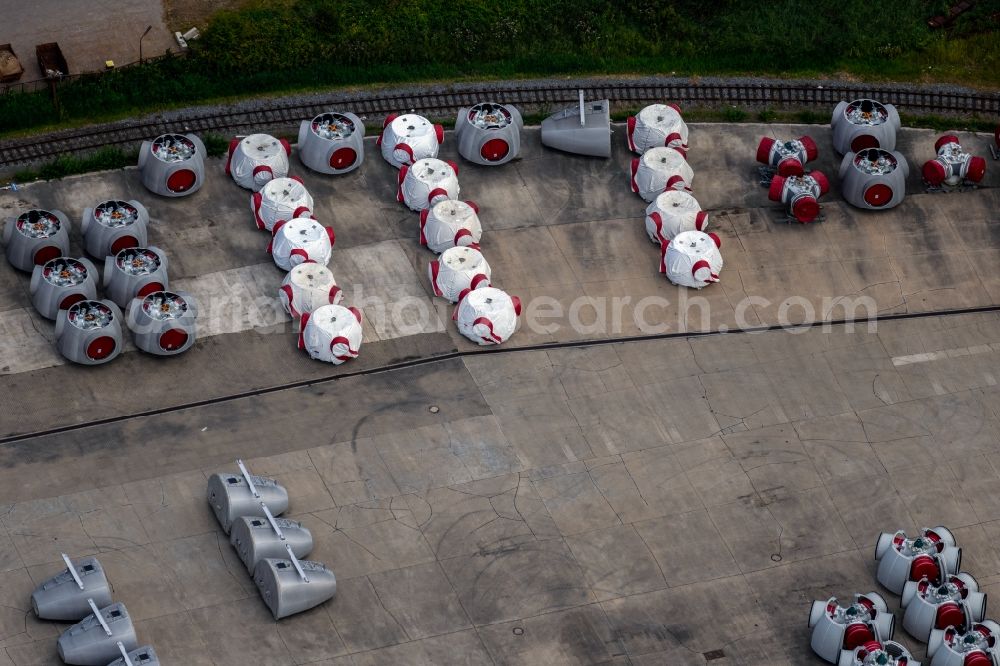 Aerial image Emden - Factory site for the production of assemblies and modules for wind turbines and wind turbine segments in Emden in the state Lower Saxony, Germany