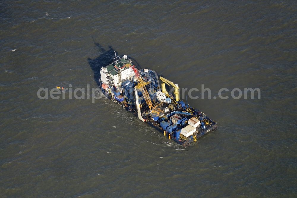 Aerial photograph Nordsee Offshore - Windenergieanlagen (WEA) under construction in the North Sea Aussenweser near Wangerooge. Norstag 10 Offshore cable laying Sea pontoon for offshore wind turbines (wind turbines)