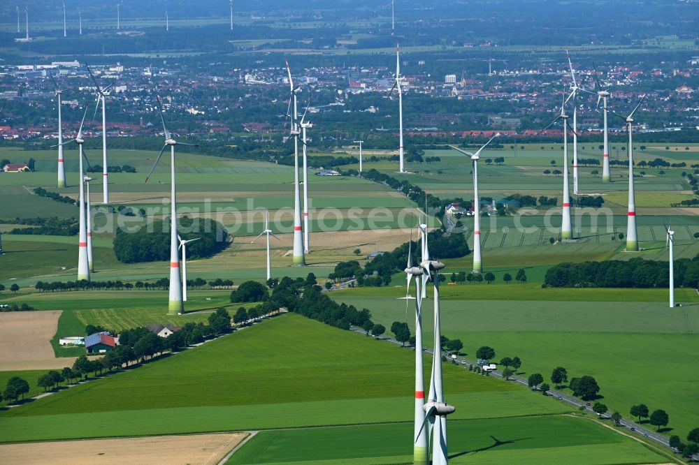 Altenbeken from the bird's eye view: Wind turbine windmills on a field in Altenbeken in the state North Rhine-Westphalia, Germany