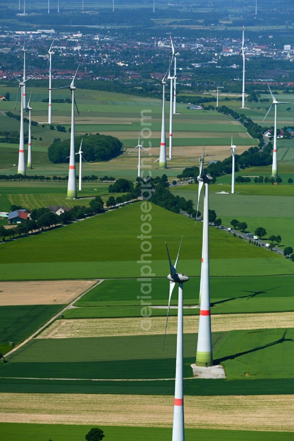 Aerial image Altenbeken - Wind turbine windmills on a field in Altenbeken in the state North Rhine-Westphalia, Germany