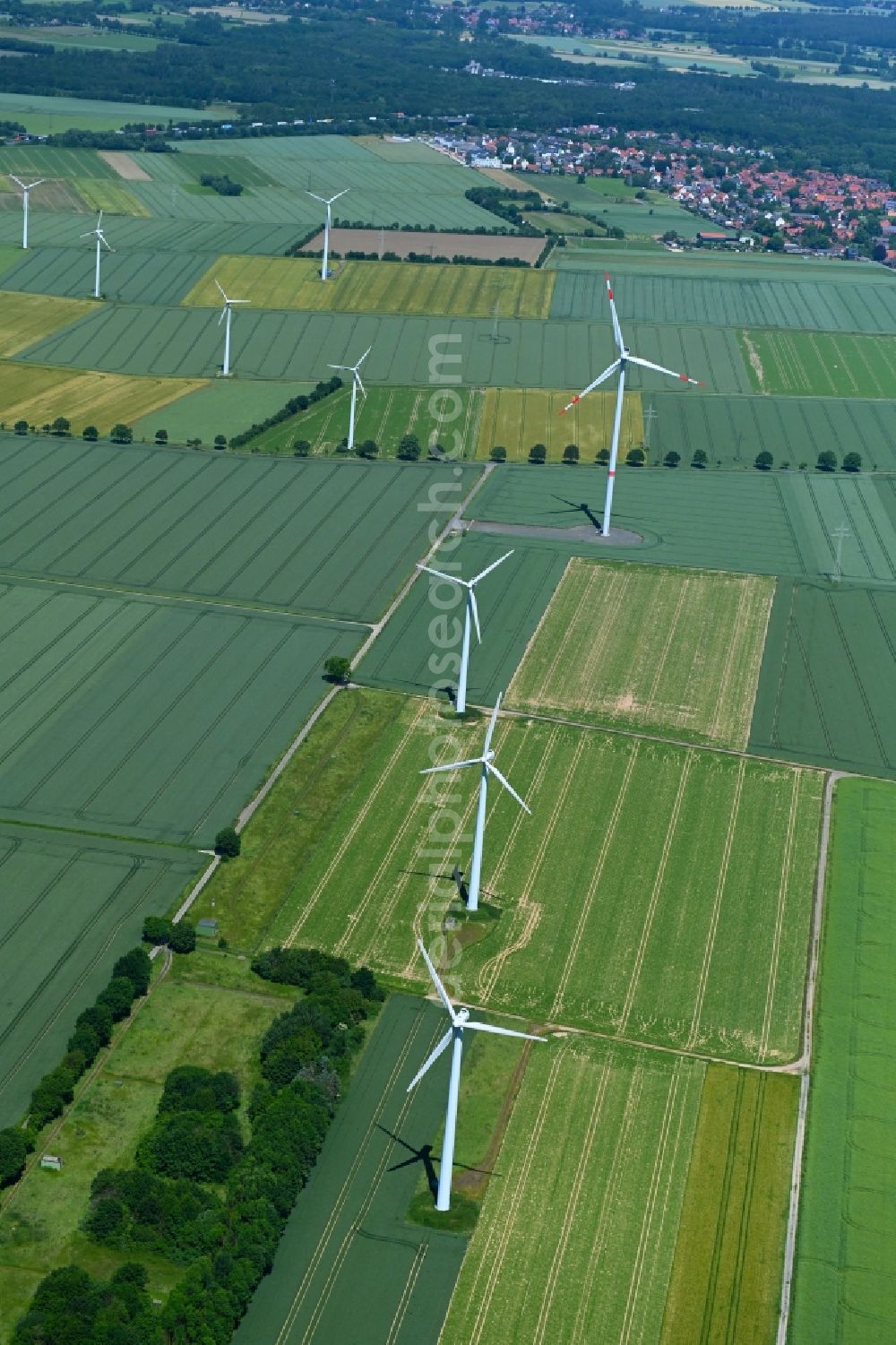 Barsinghausen from above - Wind turbine windmills on a field in Barsinghausen in the state Lower Saxony, Germany