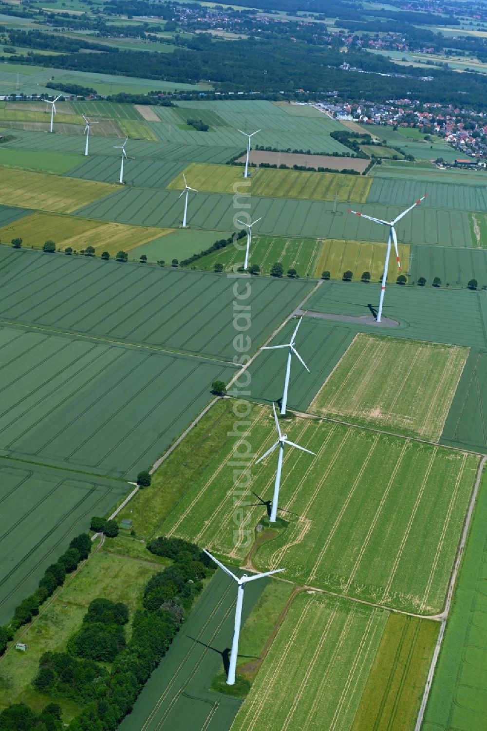 Barsinghausen from the bird's eye view: Wind turbine windmills on a field in Barsinghausen in the state Lower Saxony, Germany