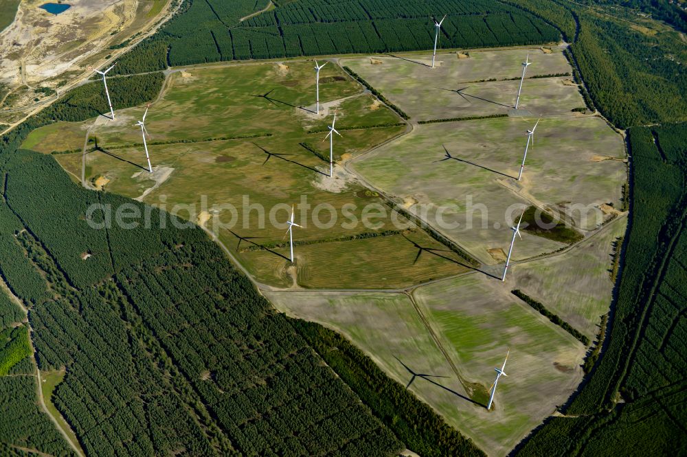 Aerial image Schipkau - Wind turbines (WEA) - wind turbines - on a field near Schipkau in the state Brandenburg, Germany